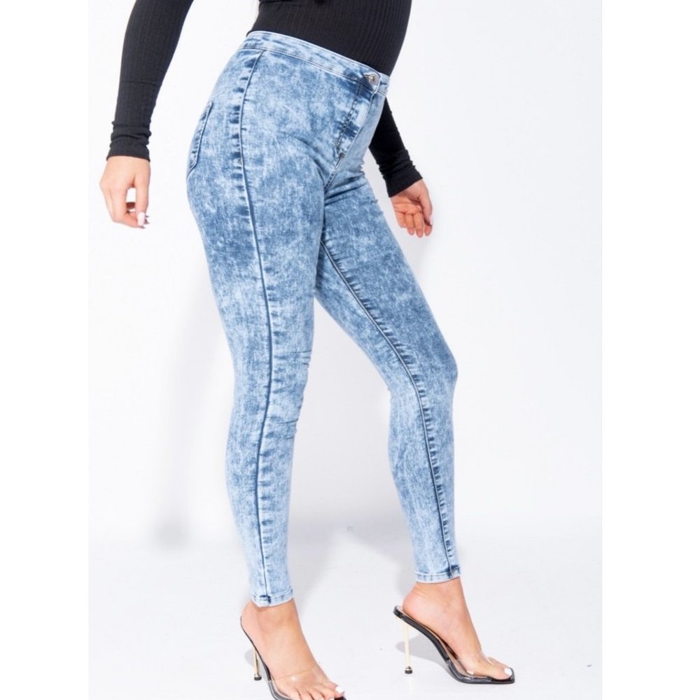 Blue Acid Wash High Waist Skinny Denim Jeggings Pants - Picture 2 of 8